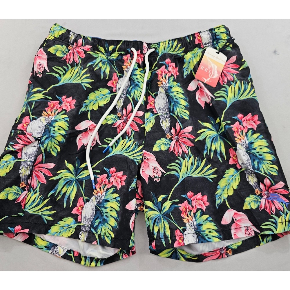 Tommy Bahama Relax trunks swimwear mens L Large pockets black red floral